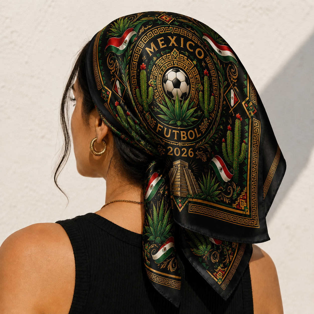 Mexico Soccer Satin Bandana, Mexican Eagle and Chichen Itza Head Scarf, Green White Red Football Supporter Accessory, Match Day Gift. SSPETAL1