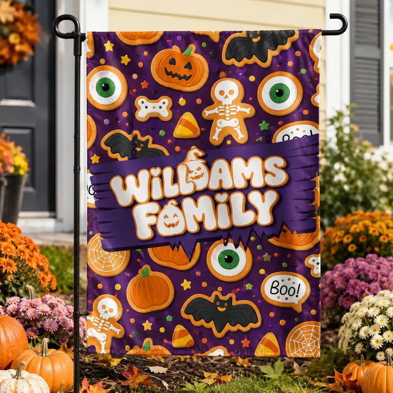Personalized Halloween Garden Flag, Custom Family Name Yard Flag, Cute Spooky Outdoor Decor, Pumpkin Bat Skeleton Porch Sign. HLWGFPETAL1