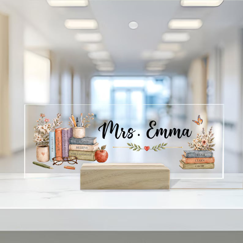 Personalized Teacher Appreciation Gift for Teacher Desk Nameplate, Custom Classroom Sign, Welcome Back to School Nurse Gifts Kindergarten. DNPETAL04