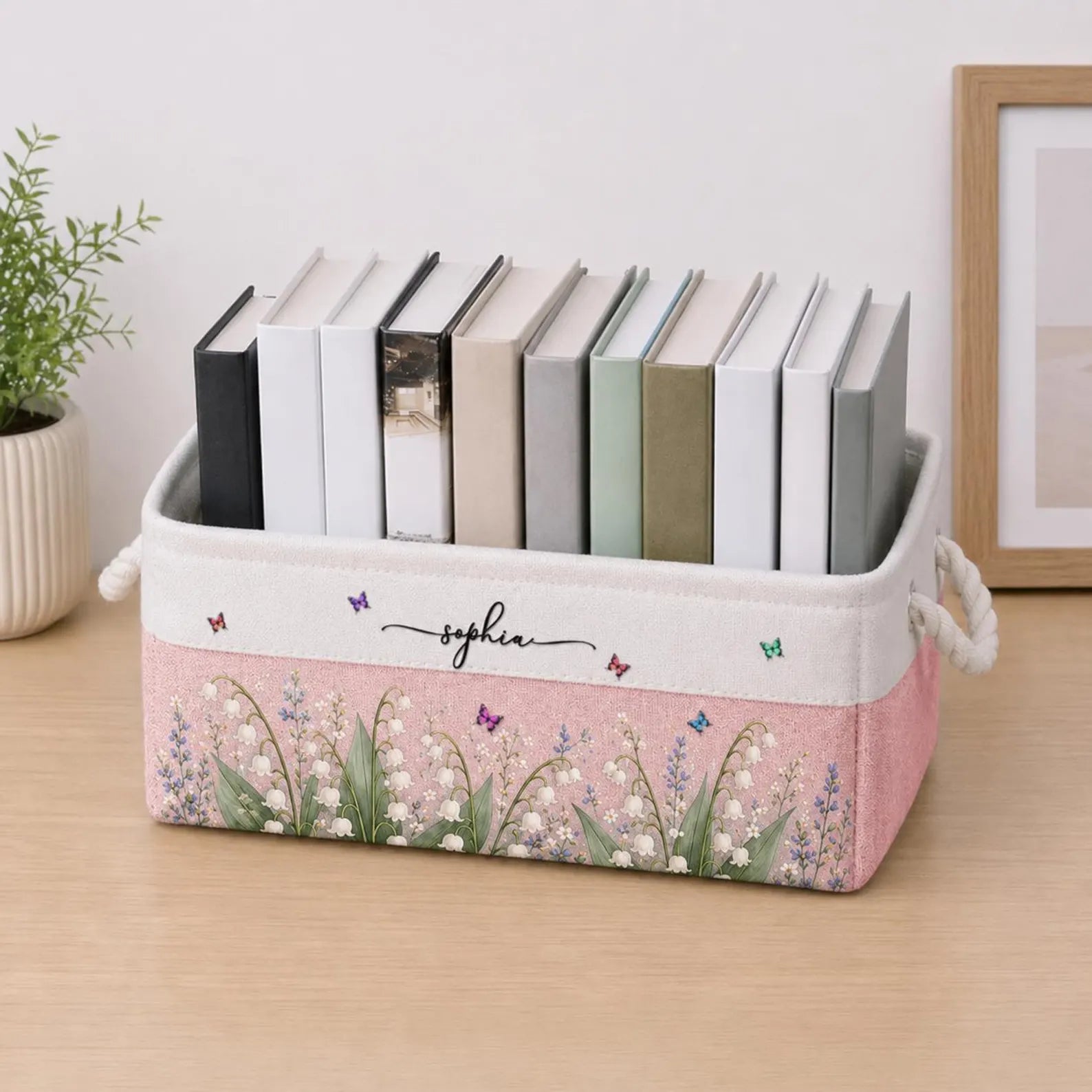 Personalized Birth Month Flower Book Basket, Custom Birth Flower & Name Storage Basket For Her, Wife, Daughter, Coworker, Book Lover Gift. BBPETAL3