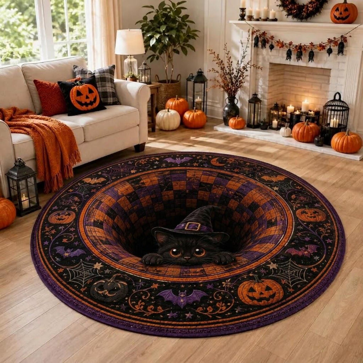Black Cat Halloween Circle Rug, 3D Illusion Quilted Pumpkin Cat Hole Floor Mat, Witchy Floor Carpet Gift for Halloween. QRPETAL34