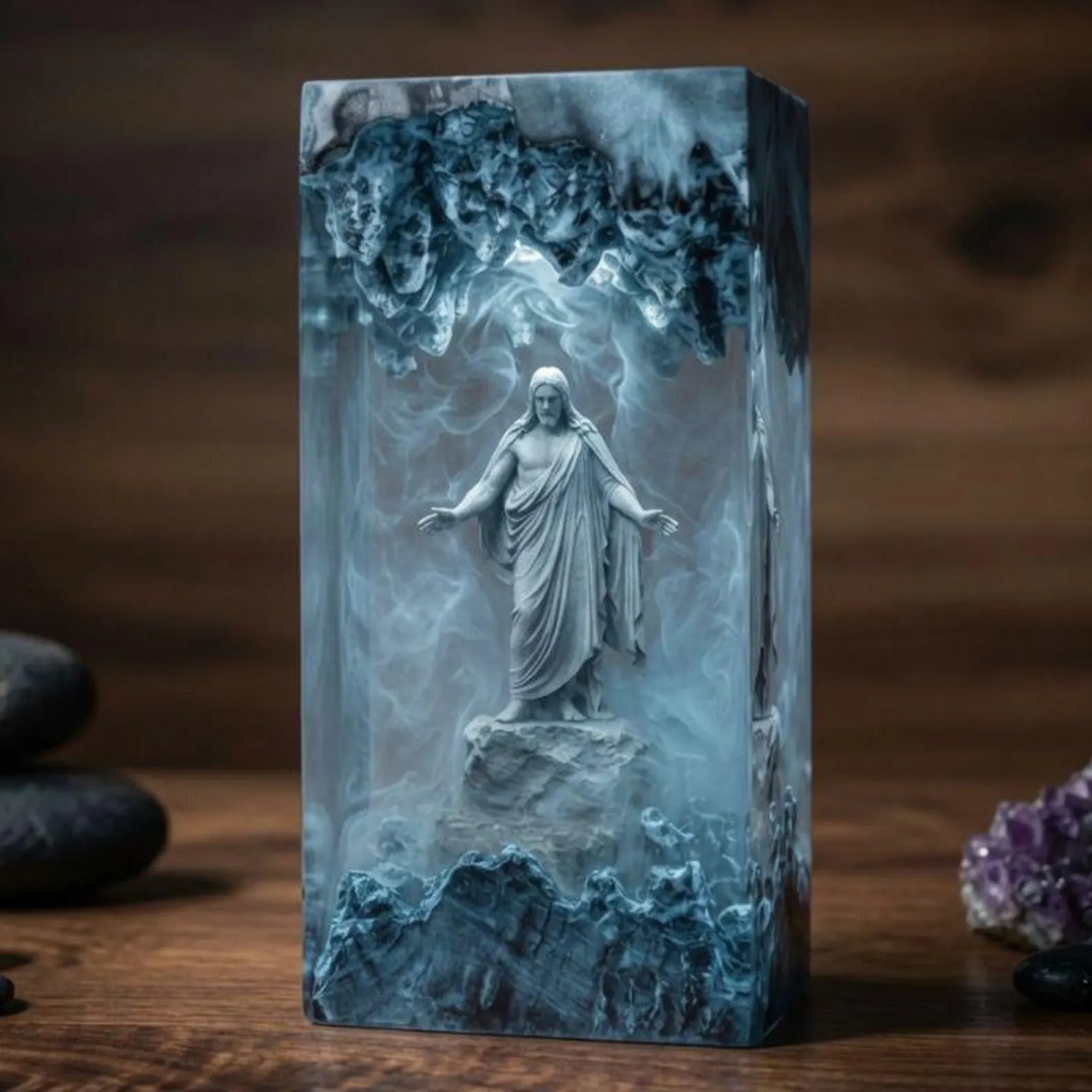 Jesus Cloud Resin Lamp, Ethereal Christian Night Light, Religious Home Decor, Spiritual Gift for Family, Wood Epoxy Art. RLPETAL20