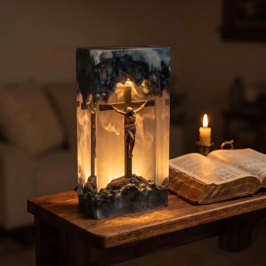 Jesus Crucifixion Resin Lamp, Christian Home Decor Night Light, Religious Easter Gift, Spiritual Wood Epoxy Lamp, Baptism Gift. RLPETAL21
