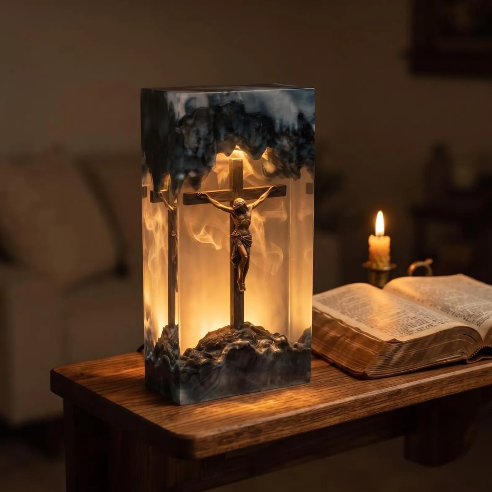 Jesus Crucifixion Resin Lamp, Christian Home Decor Night Light, Religious Easter Gift, Spiritual Wood Epoxy Lamp, Baptism Gift. RLPETAL21