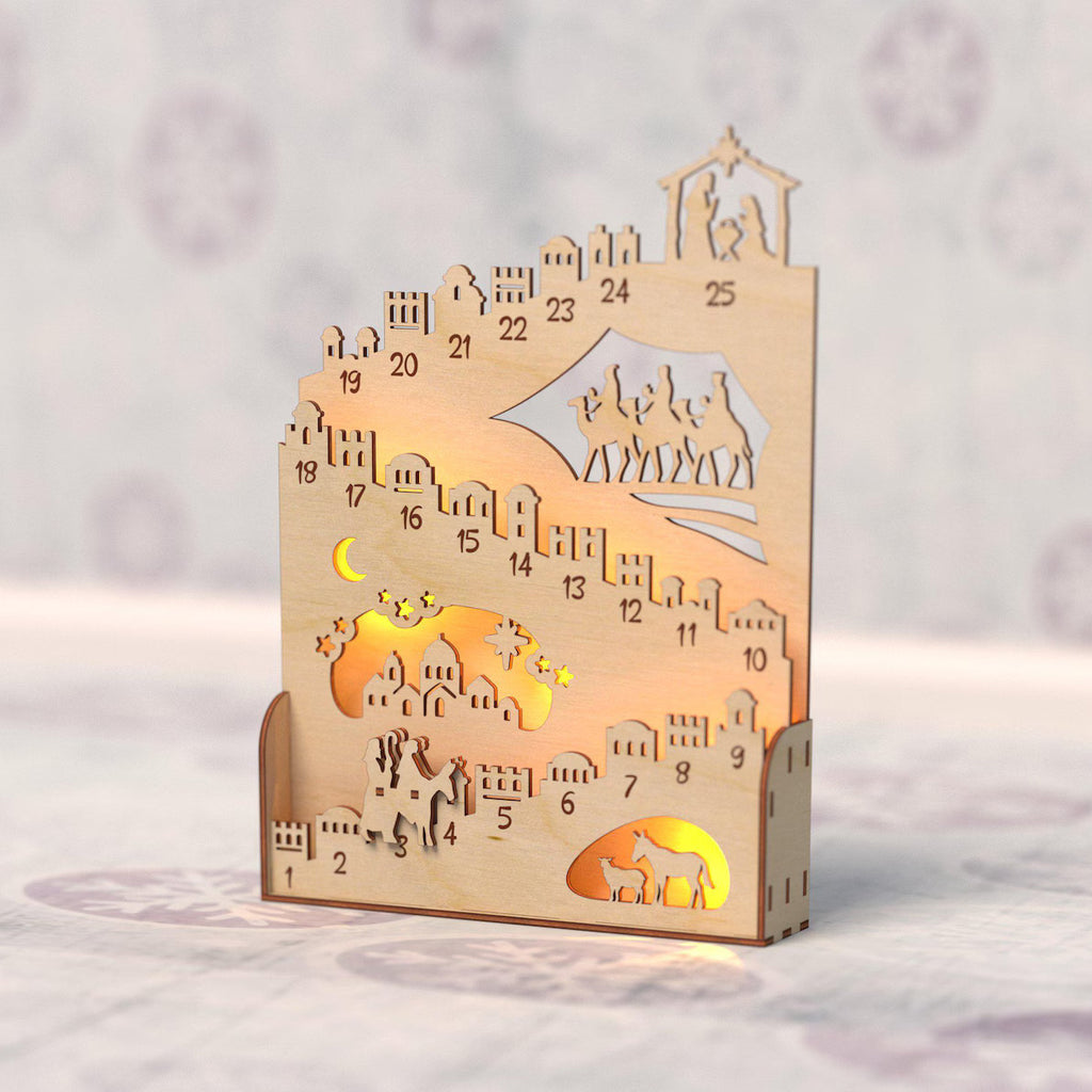 Wooden Nativity Advent Calendar with Warm Light, 25-Day Christmas Countdown Holy Family Decor – ACPETAL04