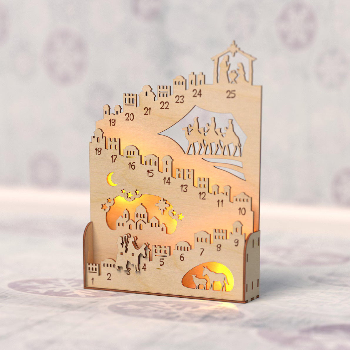 Wooden Nativity Advent Calendar with Warm Light, 25-Day Christmas Countdown Holy Family Decor – ACPETAL04