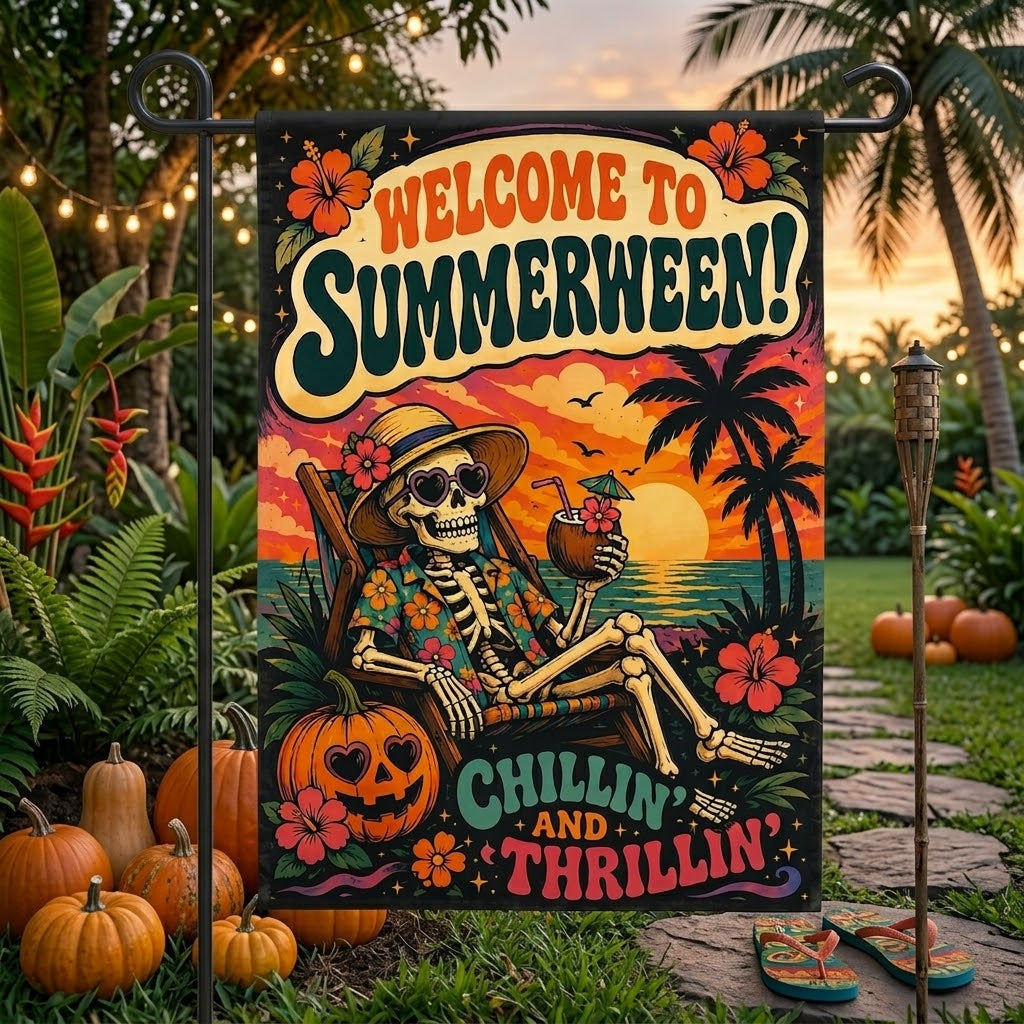 Summerween Garden Flag, Skeleton Halloween Beach Flag, Tropical Halloween Decor, Spooky Summer Yard Flag, Pumpkin Flag. HLWGFPETAL24