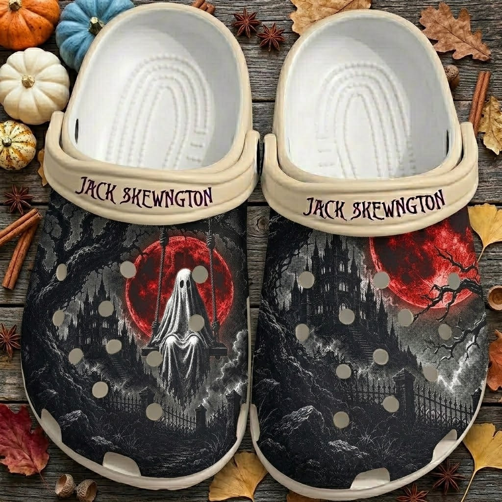 Personalized Dark Ghost Halloween Clogs – Red Moon Haunted Castle Shoes. Happy Halloween Ghost Pumpkin. CLPETAL10
