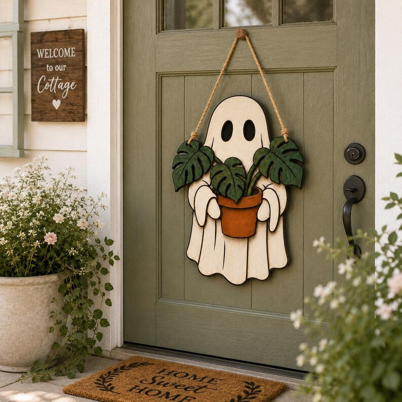 Ghost Plant Halloween Door Sign, Wooden Halloween Sign, Halloween Decor. Trick or Treat Halloween 2D Flat Sign, Wooden Halloween Door Sign, Halloween Gift. HLWDHPETAL07