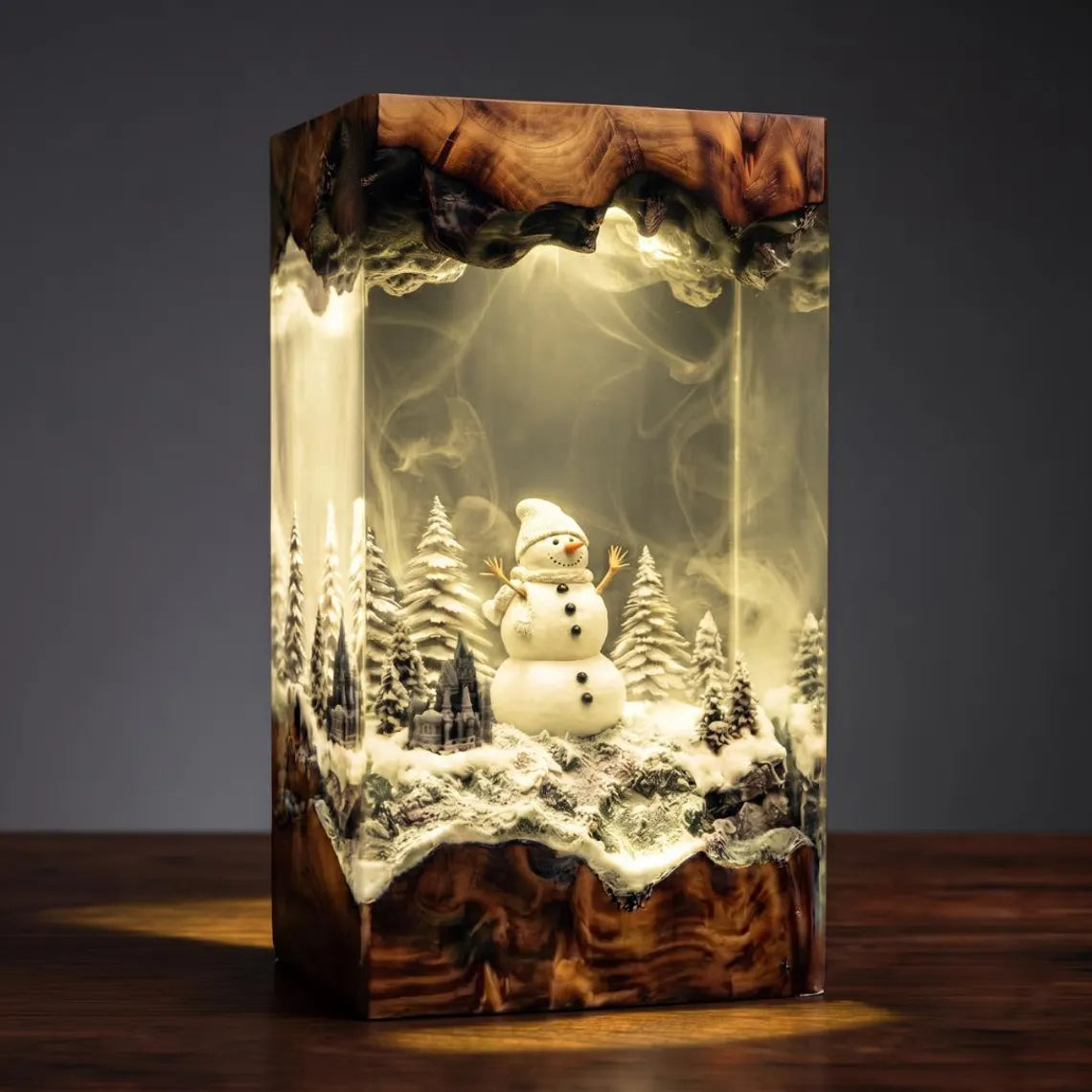 Snowman and Pine Forest Winter Diorama, Color Changing Epoxy Resin Wood Night Light. RLPETAL01