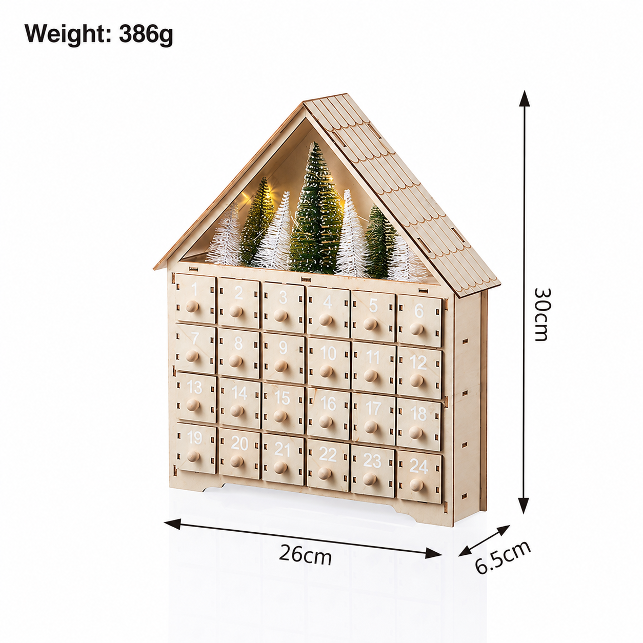 Wooden Christmas Advent Calendar with 24 Drawers, Lighted Winter Tree House Christmas Countdown Decor – ACPETAL01