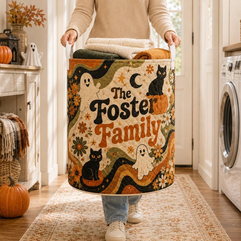 Personalized Halloween Quilt Laundry Basket, Custom Family Name Fall Storage Bin, Quilted Laundry Hamper Pumpkin Ghost Cat Home Decor Basket. LBPETAL143