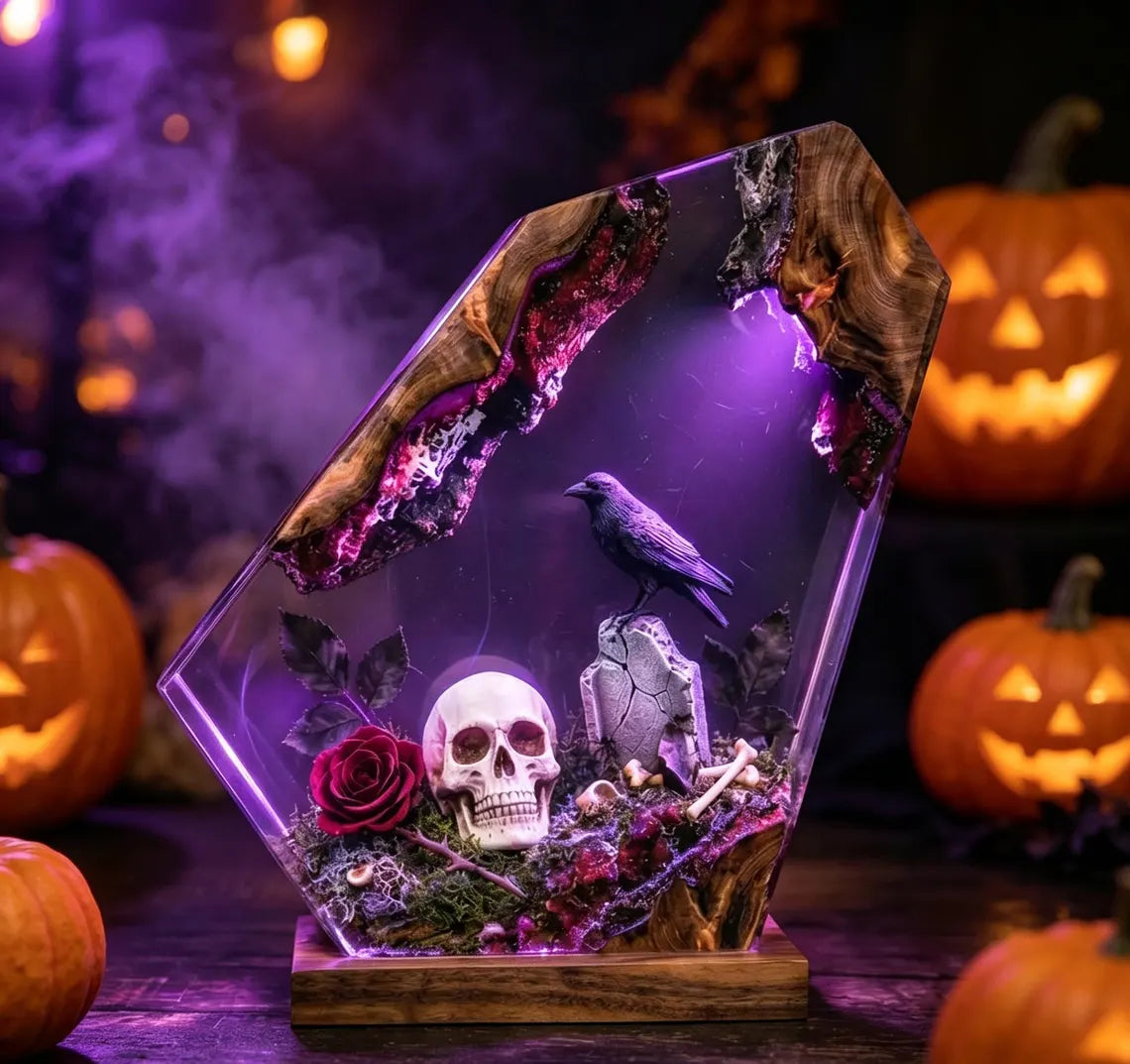 Handmade Skull Raven Rose Epoxy Resin Lamp, Gothic Diorama Night Light, Dark Fantasy Resin Decor, Halloween Spooky Desk Ornament, Goth Gift. RLPETAL08