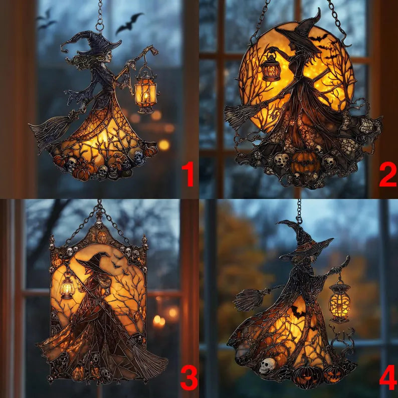 Witch Lantern Acrylic Suncatcher for Halloween Decoration | Spooky Witch Suncatcher Ornament | Gothic Witch Window Ornament, Fall Home Decor. HSPETAL4