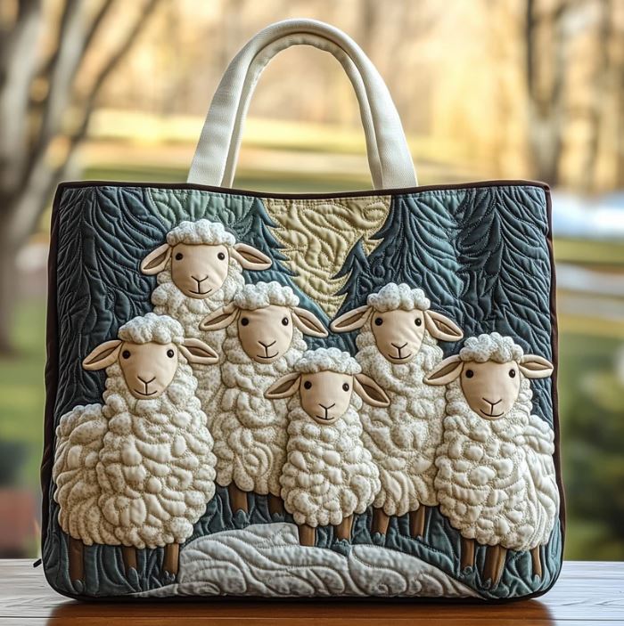 Sheep Family Quilted Tote Bag – Cute Lamb Farmhouse Shoulder Bag, Cottagecore Market Tote, Animal Lover Gift for Women