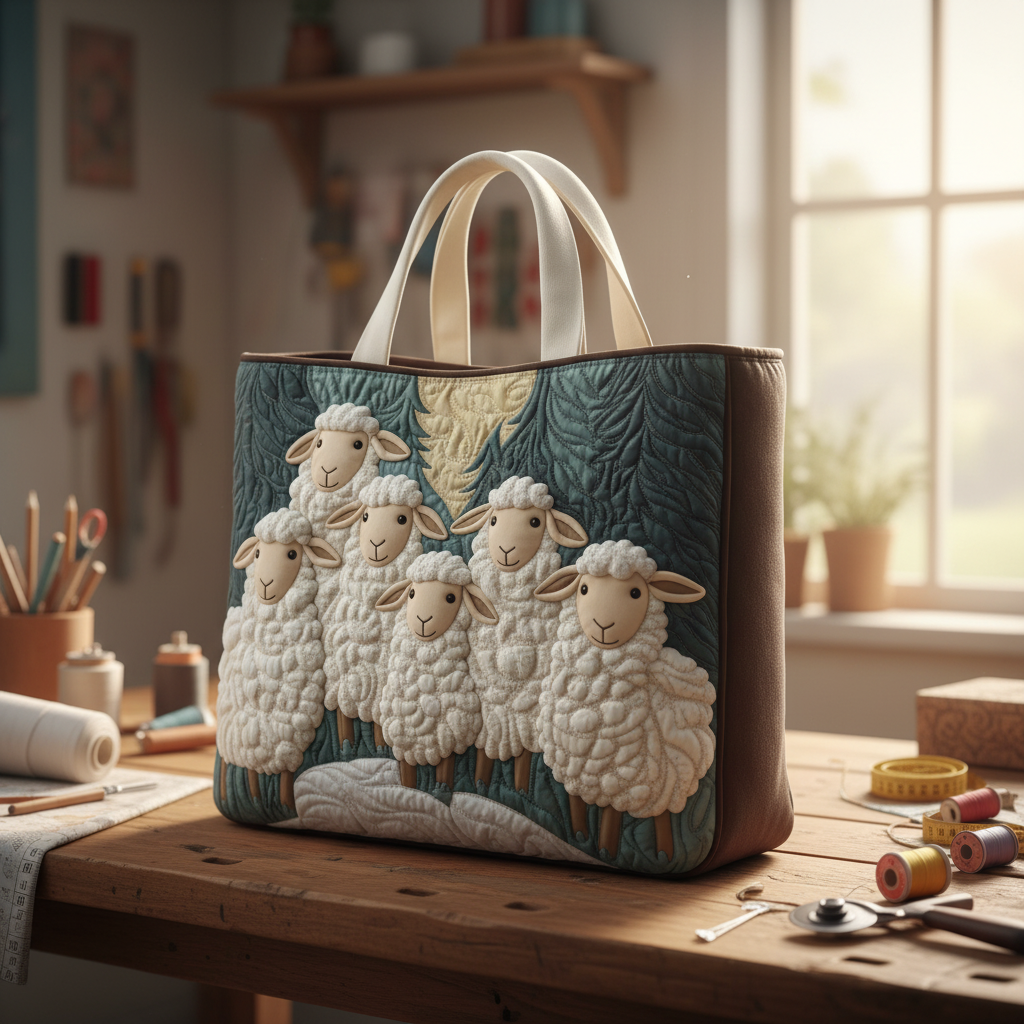 Sheep Family Quilted Tote Bag – Cute Lamb Farmhouse Shoulder Bag, Cottagecore Market Tote, Animal Lover Gift for Women