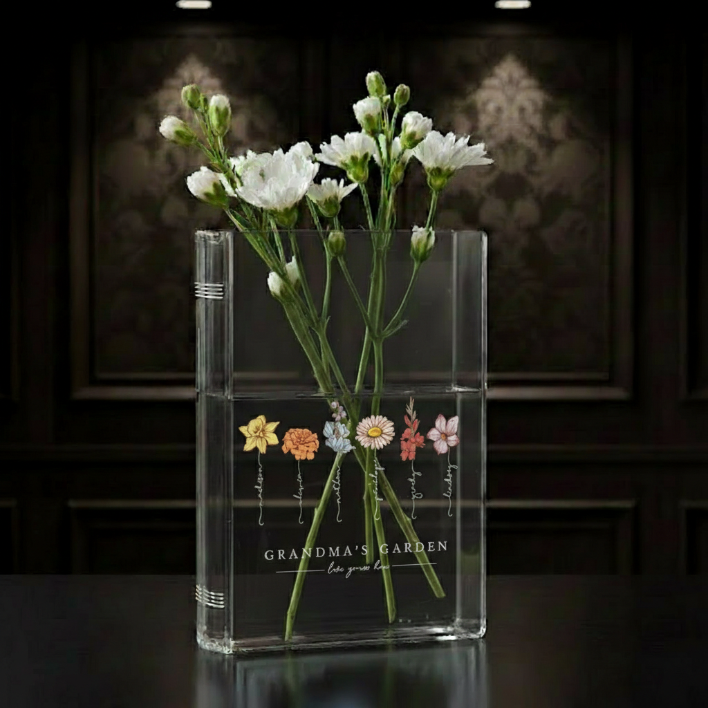 Grandma's Garden Birth Flower Book Vase – Personalized Gift from Grandchildren, Perfect Valentine's Day & Mother's Day Gift for Nana
