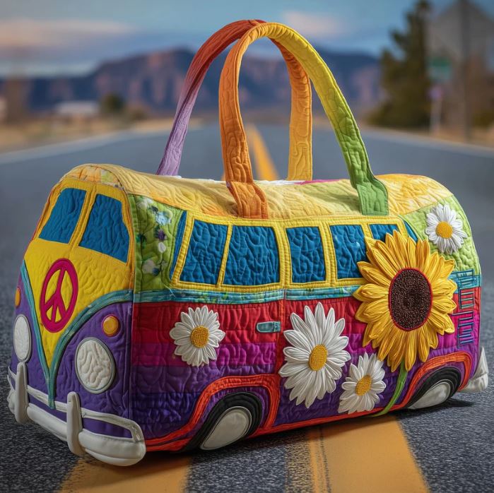 Rainbow Camper Van Quilted Duffle Bag – Hippie Floral Travel Weekender Tote, Colorful Boho Overnight Bag, Cute Summer Duffel Gift for Women