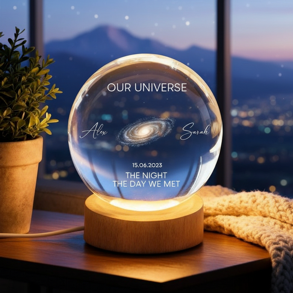 Personalized Moon Phase Anniversary Crystal Ball Lamp: Engraved Wood Base Custom Keepsake, Personalized LED Glass Lamp, Valentine's Day Gift For Couple