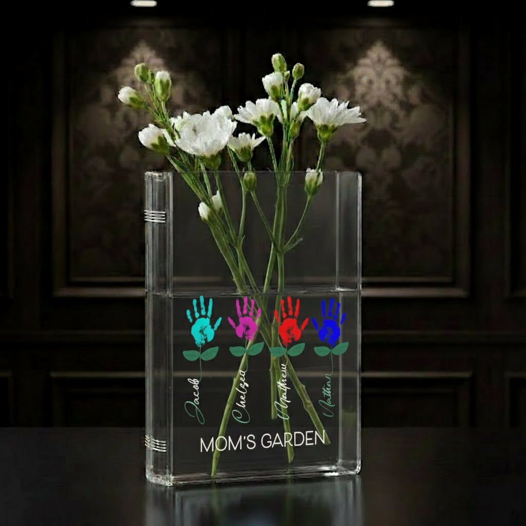 Personalized Mom’s Garden Birth Month Flower Book Vase – Custom Gift for Mom, Meaningful Mother’s Day Garden Decor Keepsake