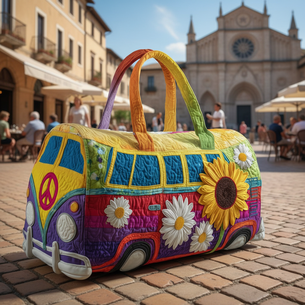 Rainbow Camper Van Quilted Duffle Bag – Hippie Floral Travel Weekender Tote, Colorful Boho Overnight Bag, Cute Summer Duffel Gift for Women