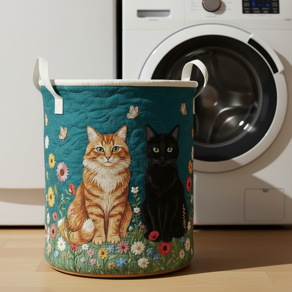 Cat Quilted Laundry Basket – Cute Pet Storage Bin, Floral Fabric Hamper, Cat Lover Home Decor Organizer