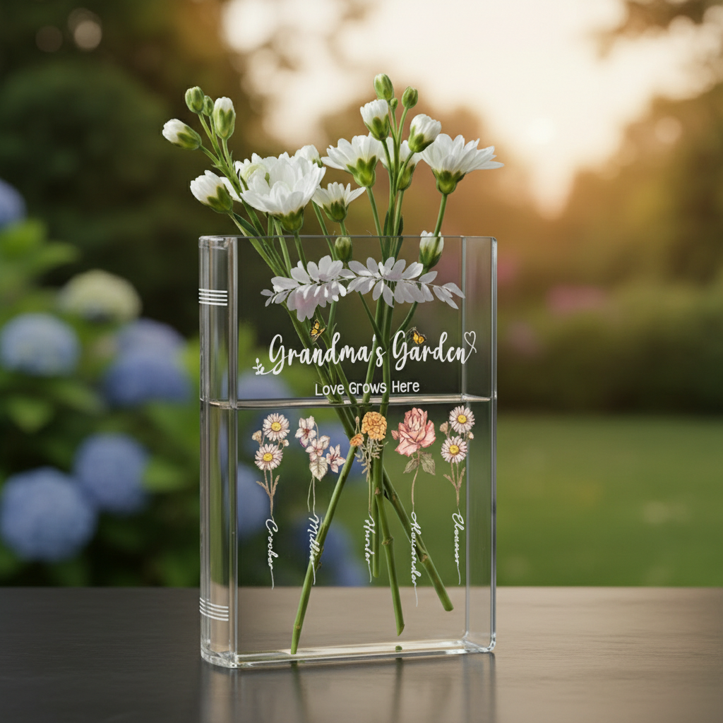 Personalized Acrylic Book Vase: Birth Month Flower Gift, Personalized Birth Flower Vase for Mom/Grandma, Custom Kids Name Clear Vase, Mother's Day Gift