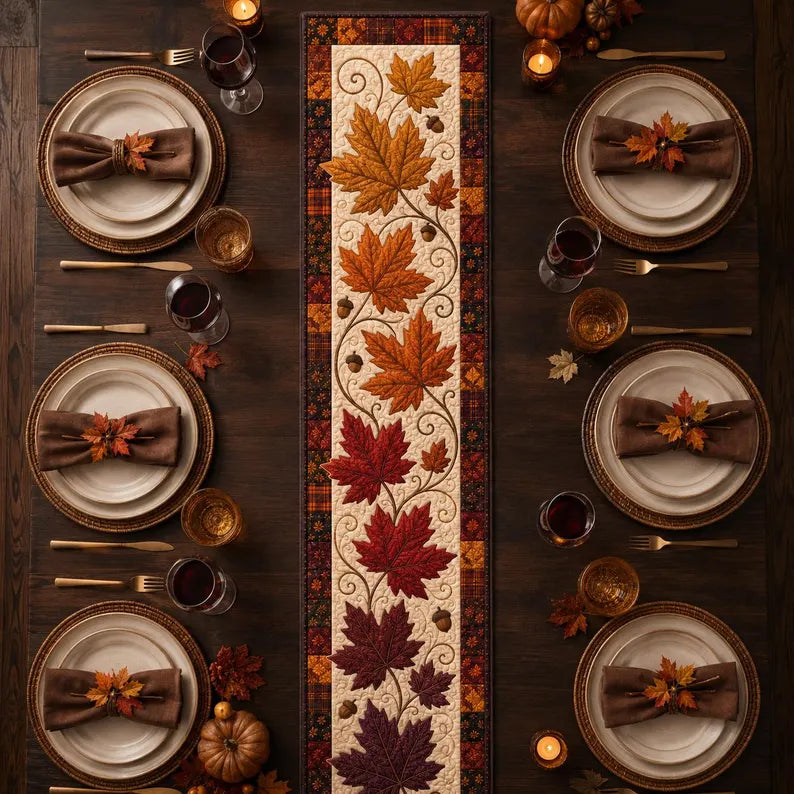 Maple Leaf Fall Table Runner, Quilted Autumn Leaves Table Runner, Thanksgiving Harvest Dining Table Decor, Rustic Farmhouse Home Gift. QTRPETAL11