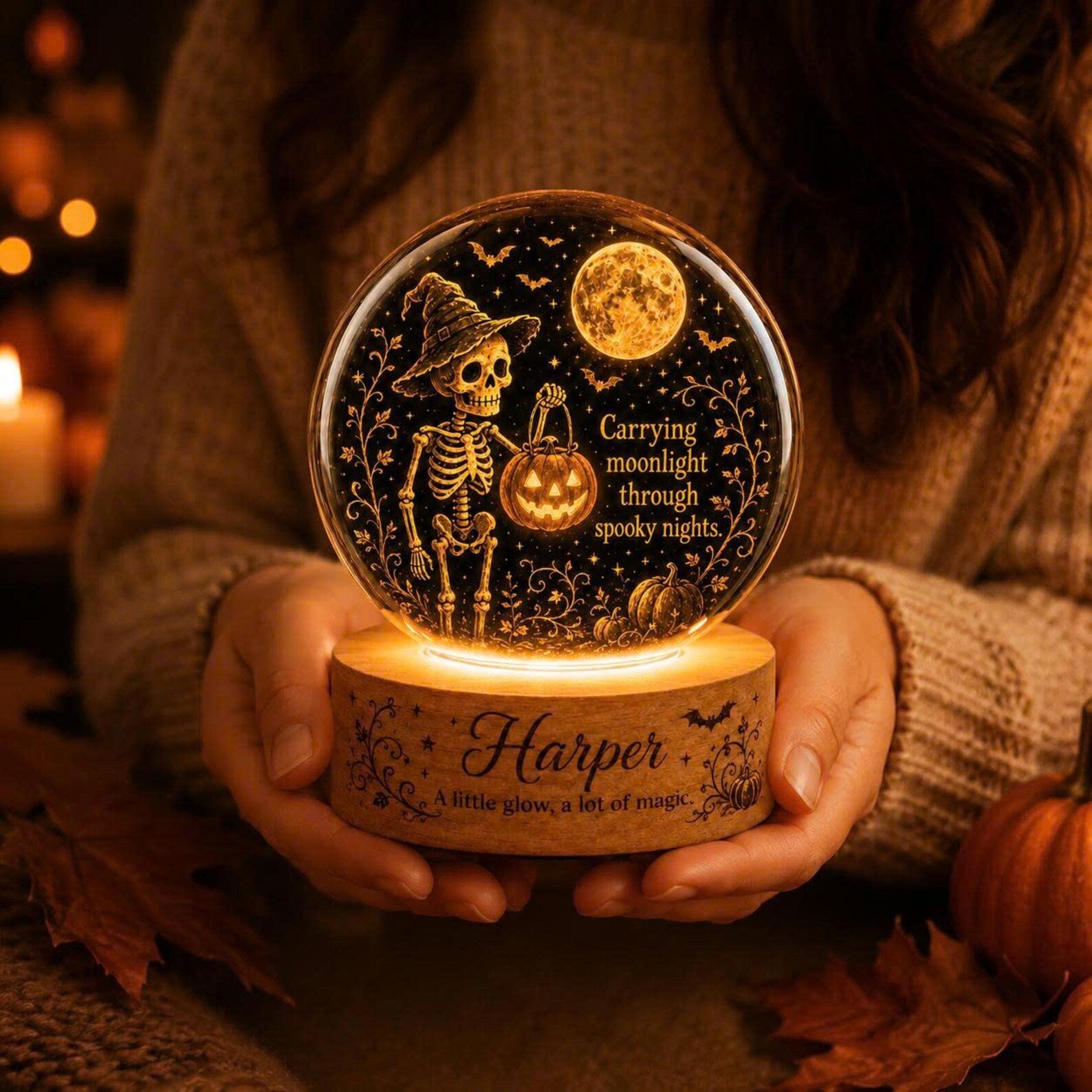 Personalized Skeleton Moon Night Light, Custom Name Acrylic Lamp. LEDPETAL23