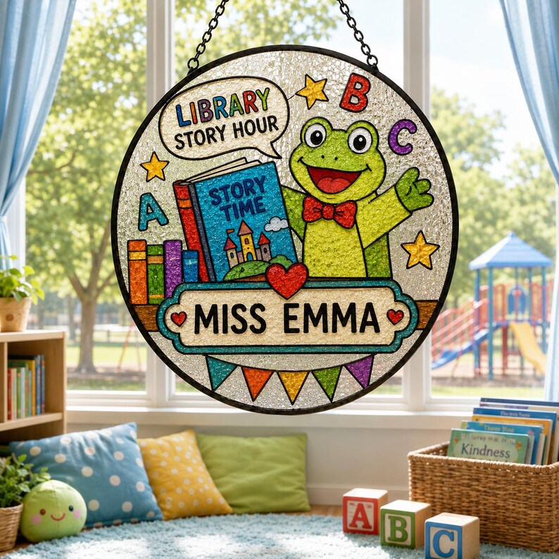 Personalized Frog Teacher Suncatcher, Library Story Hour Window Decor, Reading Classroom Gift, School Library Decor, Librarian Gift. SUNPETAL11