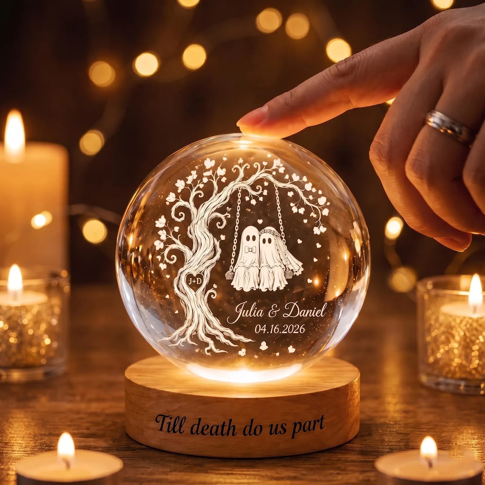 Custom Spooky Ghost Couple Crystal Ball Night Light, Tree of Love LED Night Light, Halloween Wedding Gift for Couple, Halloween Home Decor. LEDPETAL2