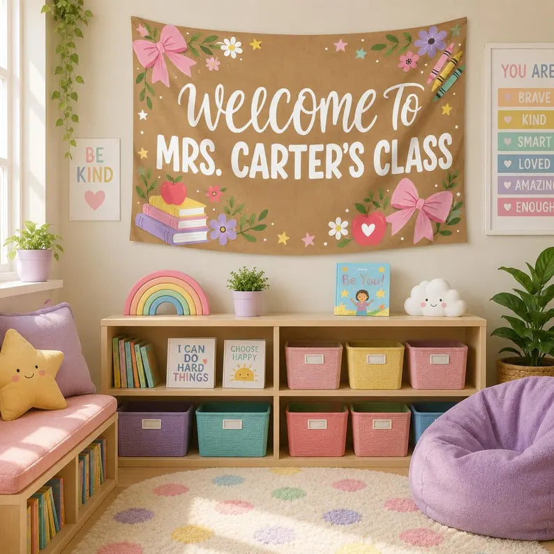 Custom Teacher Name Classroom Banner, Personalized Welcome to My Class Backdrop, Coquette Boho Teacher Gift, Back to School Decor 2026.CBPETAL08