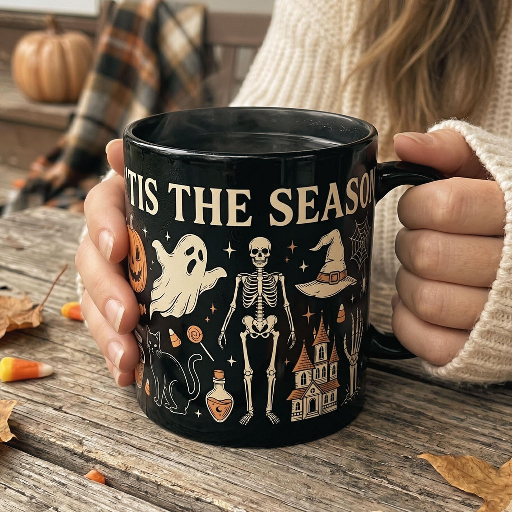 Spooky Halloween Ghost Skeleton Mug, Cozy Fall Coffee Cup. MPETAL14