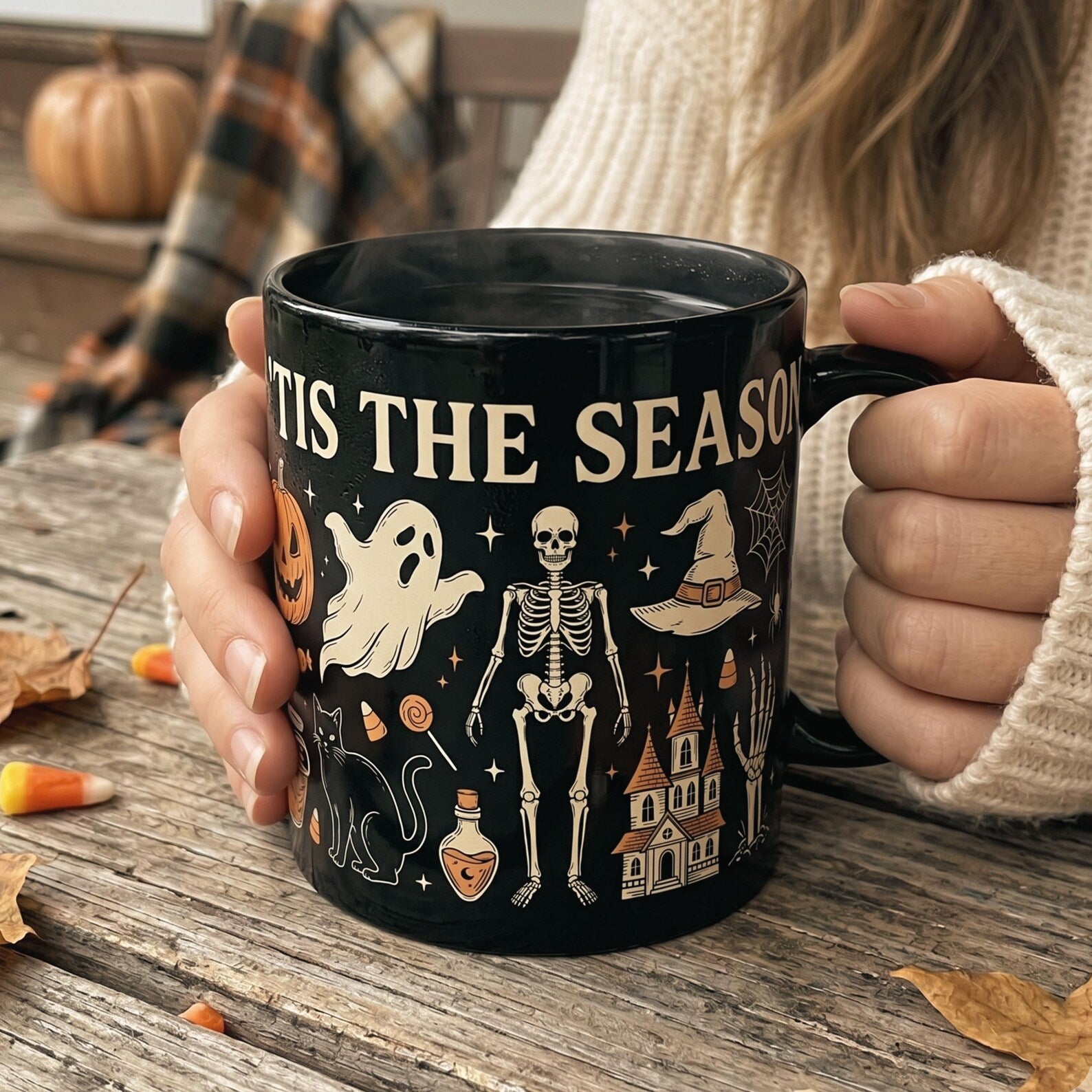 Spooky Halloween Ghost Skeleton Mug, Cozy Fall Coffee Cup. MPETAL14