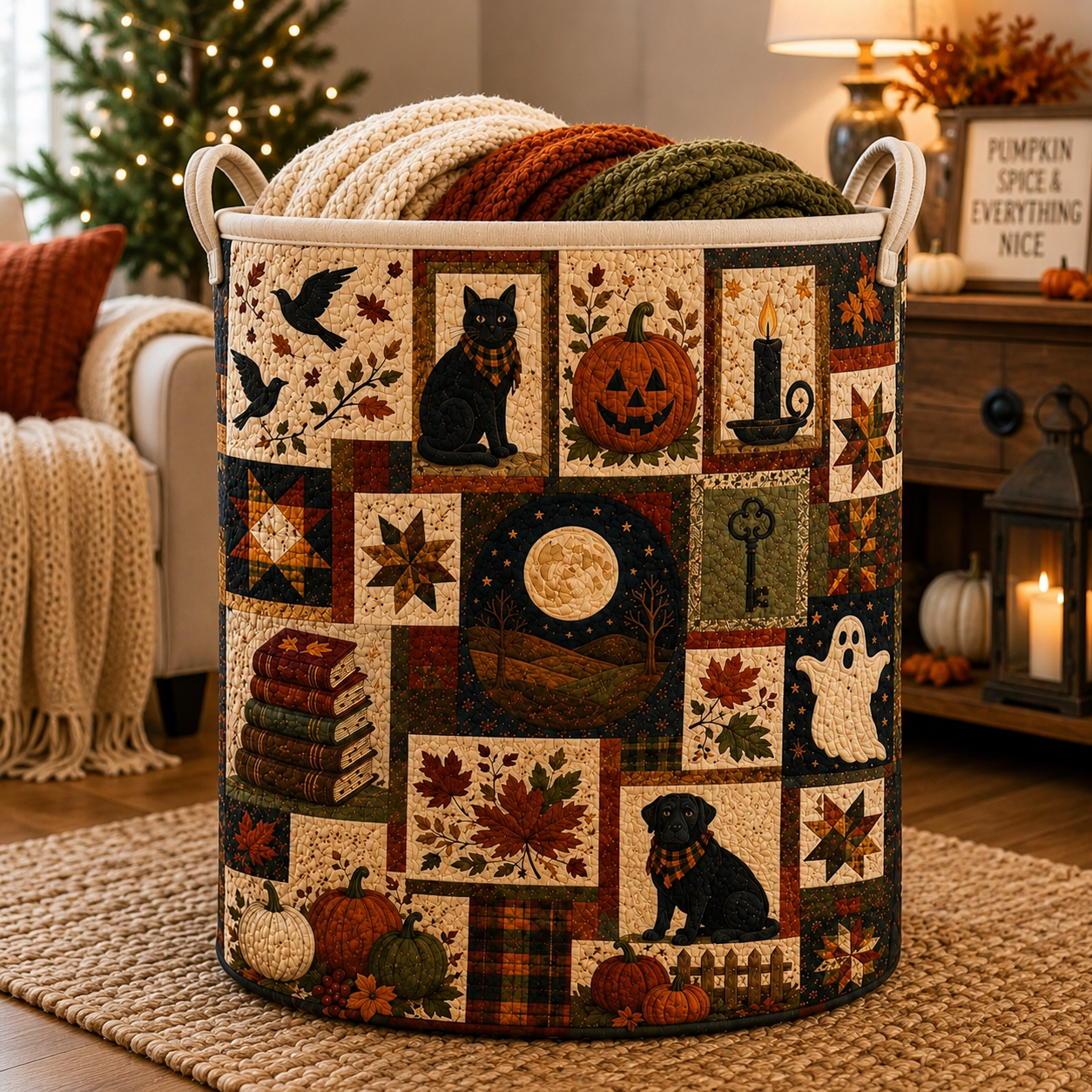 Quilted Laundry Basket, Halloween Storage Bin, Black Cat Pumpkin Hamper, Fall Decor Basket, Spooky Quilt Organizer. HLWLBPETAL4