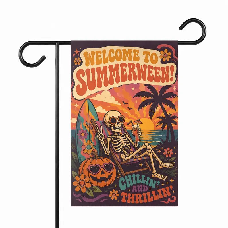 Summerween Garden Flag, Skeleton Halloween Beach Flag, Tropical Halloween Decor, Spooky Summer Yard Flag, Pumpkin Flag. HLWGFPETAL6