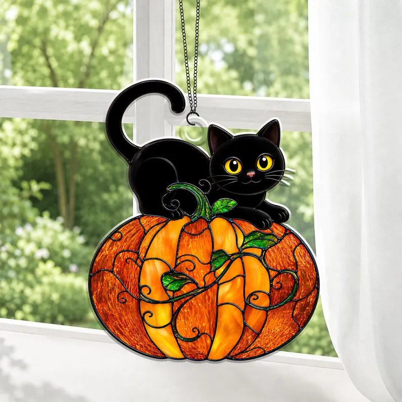 Cat And Pumpkin Acrylic Suncatcher Ornament, Halloween Suncatcher Window Hanging, Halloween Decor, Black Cat Lover Gift, Cute Halloween Gift. HSPETAL6