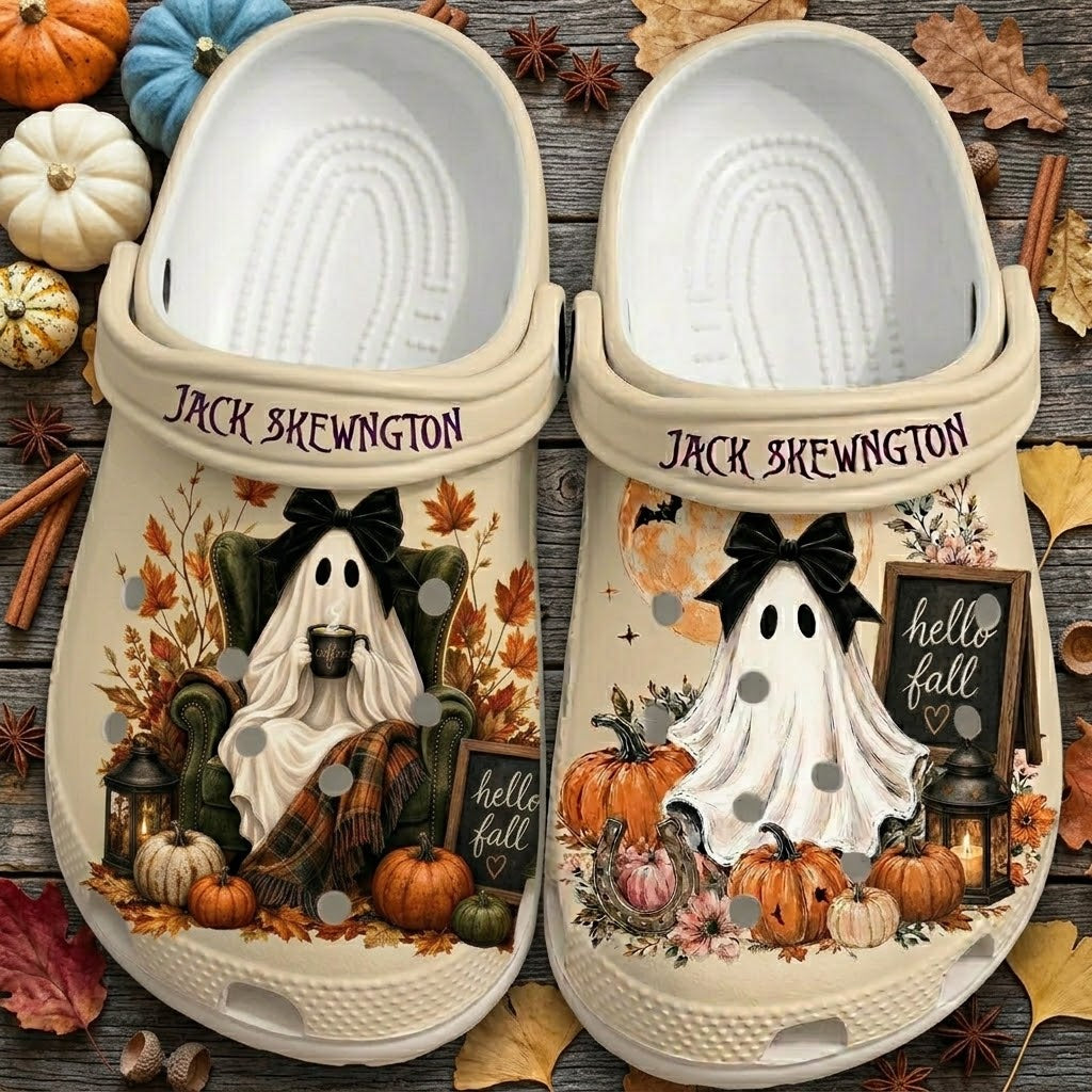 Personalized Hello Fall Ghost Clogs – Cute Halloween Pumpkin Shoes. Happy Halloween Ghost Pumpkin. CLPETAL09