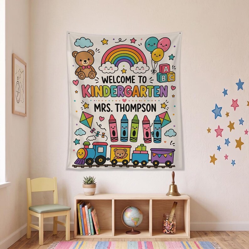 Personalized Kindergarten Tapestry, Welcome to Kindergarten Banner, Teacher Classroom Decor. CBPETAL17