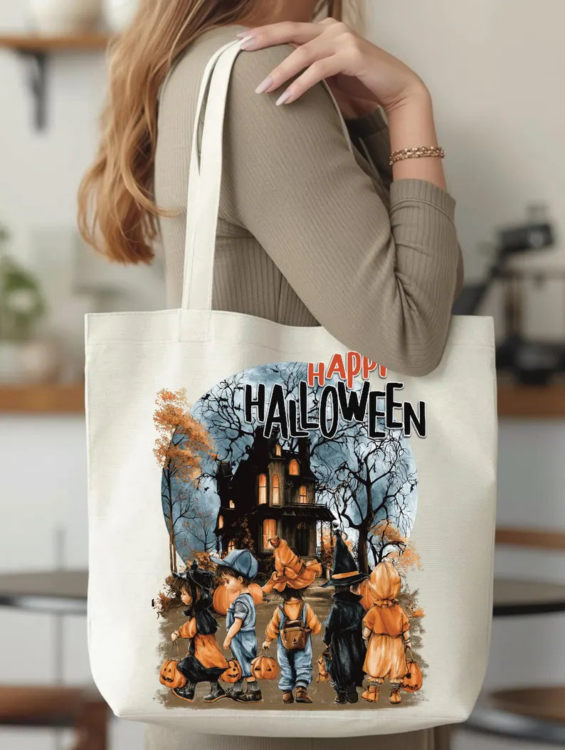Happy Halloween Tote Bag Cute Vintage Kids Canvas Handbag Retro Haunted House Shoulder Shopping Bag Spooky Full Moon Autumn Fall Gift. HLWTBPETAL12