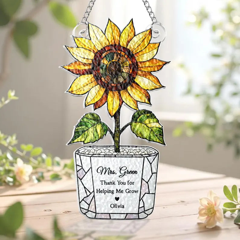 Personalized Sunflower Teacher Stained Glass Suncatcher: Thank You For Helping Me Grow, Teacher Appreciation Gift. SUNPETAL16