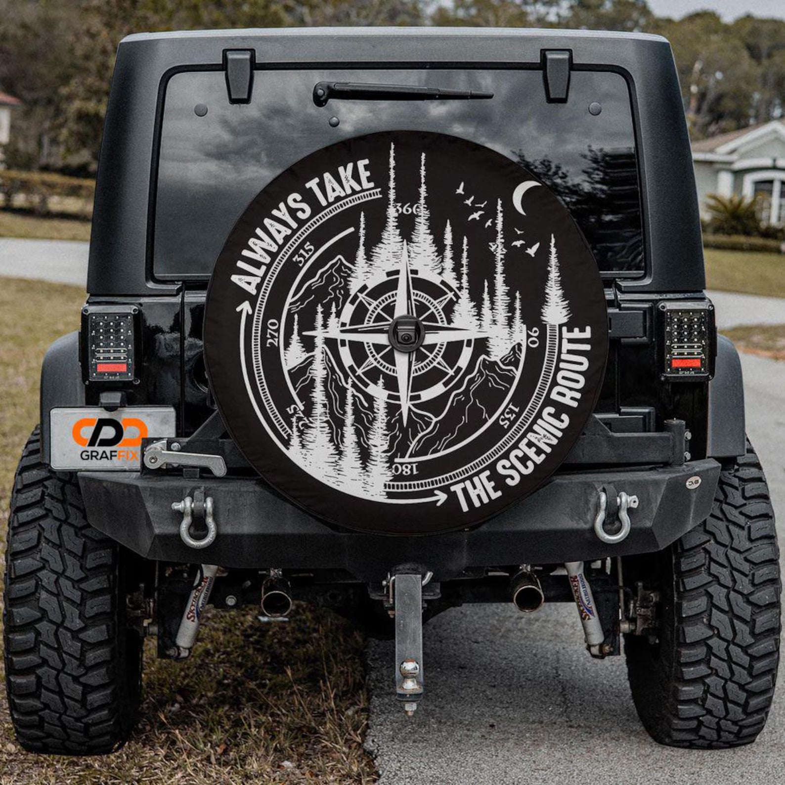 Always Take The Scenic Route Spare Tire Cover, Mountain Compass Jeep Tire Cover, Adventure PVC Leather Tire Cover, Outdoor Travel Vehicle Accessory. TCPETAL14