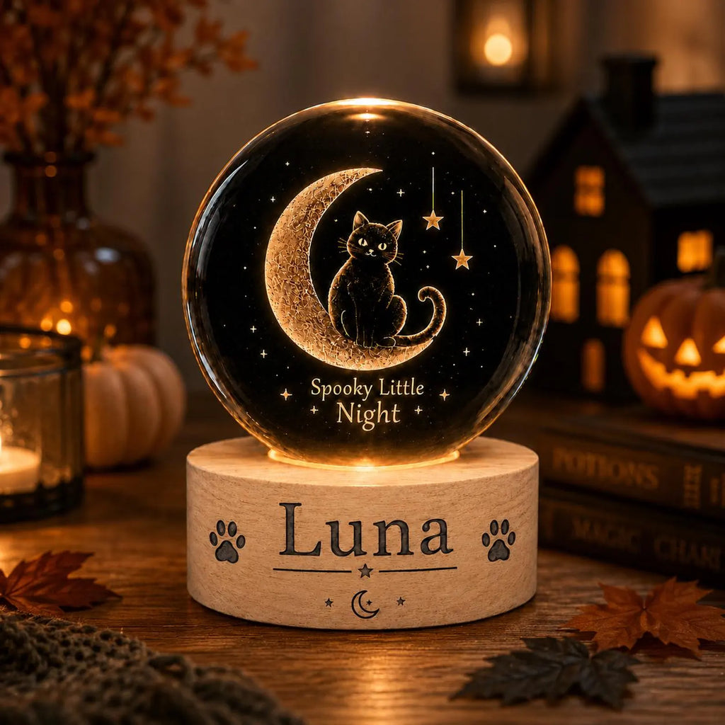 Personalized Black Cat Moon Crystal Ball Night Light, Halloween Decor, Spooky Cozy Bedroom Lamp, Custom Gift for Cat Lovers, Cute Moon Decor. LEDPETAL18