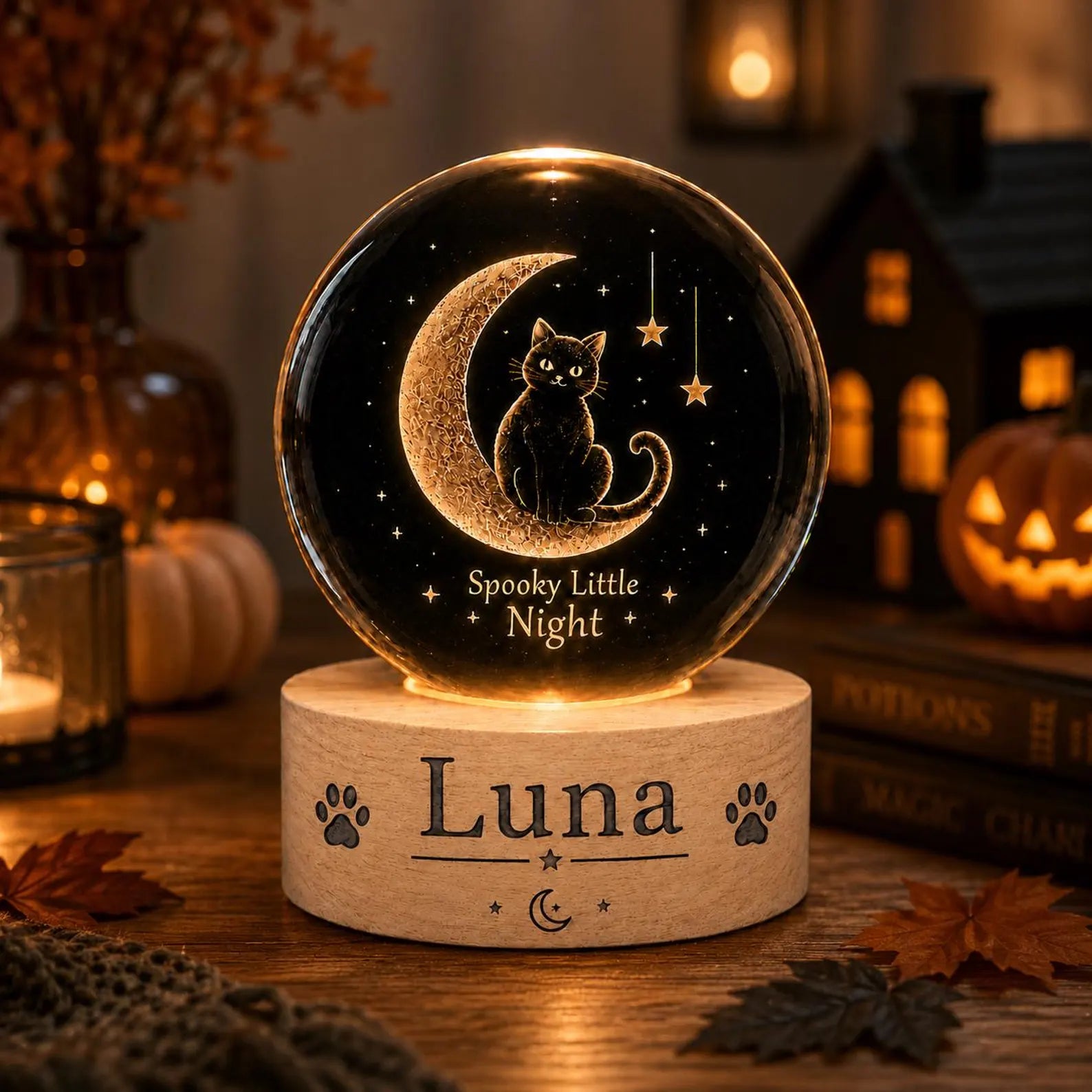 Personalized Black Cat Moon Crystal Ball Night Light, Halloween Decor, Spooky Cozy Bedroom Lamp, Custom Gift for Cat Lovers, Cute Moon Decor. LEDPETAL18