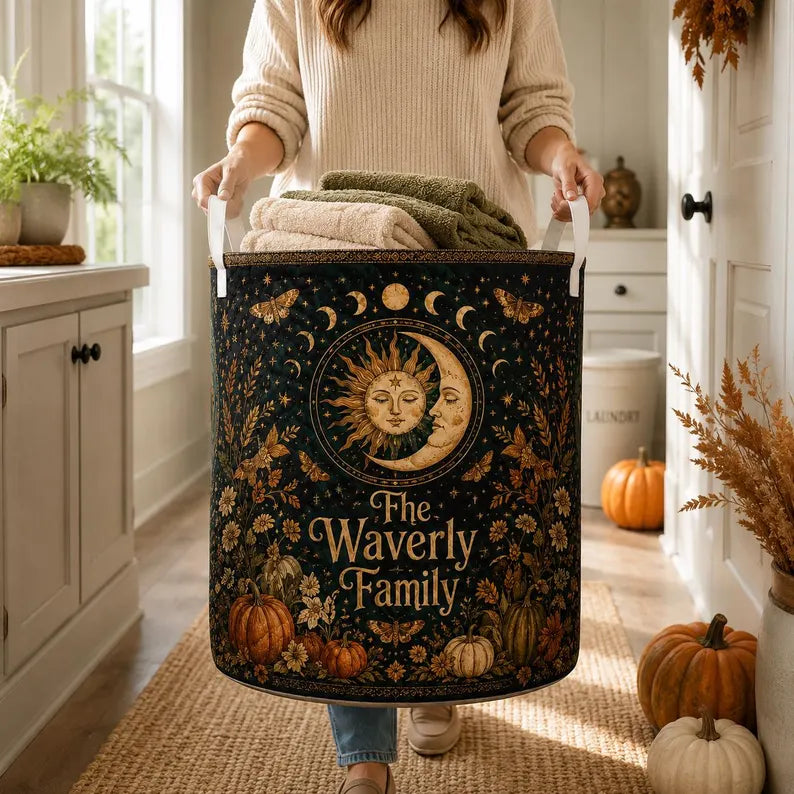 Personalized Celestial Halloween Quilted Laundry Basket, Custom Family Name Laundry Hamper, Sun Moon Pumpkin Storage Bin, Witchy Fall Home Decor LBPETAL149