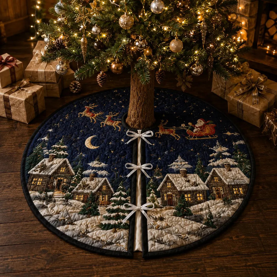 Christmas Village Tree Skirt, Quilted Snowy Cottage Holiday Tree Mat, Santa Sleigh Night Sky Farmhouse Christmas Decor Gift. CTSPETAL05
