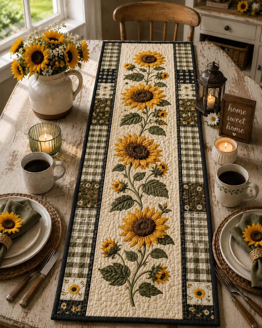 Sunflower Gingham Table Runner, Quilted Farmhouse Table Runner, Rustic Sunflower Kitchen Decor, Summer Fall Dining Table Runner. QTRPETAL1
