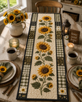 Sunflower Gingham Table Runner, Quilted Farmhouse Table Runner, Rustic Sunflower Kitchen Decor, Summer Fall Dining Table Runner. QTRPETAL1