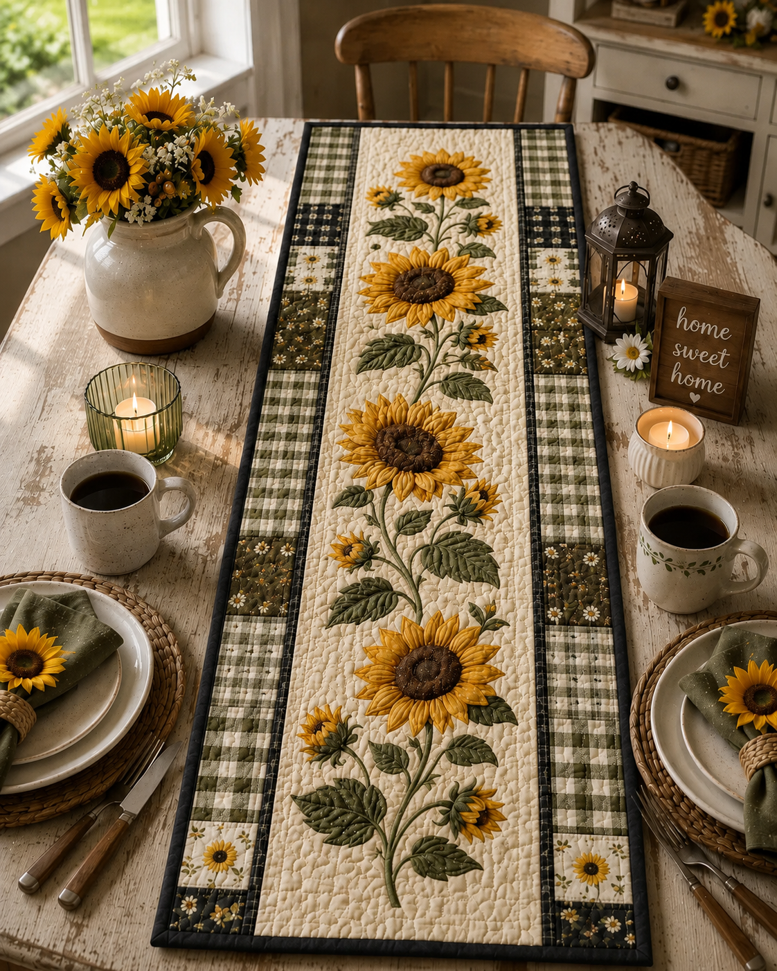 Sunflower Gingham Table Runner, Quilted Farmhouse Table Runner, Rustic Sunflower Kitchen Decor, Summer Fall Dining Table Runner. QTRPETAL1
