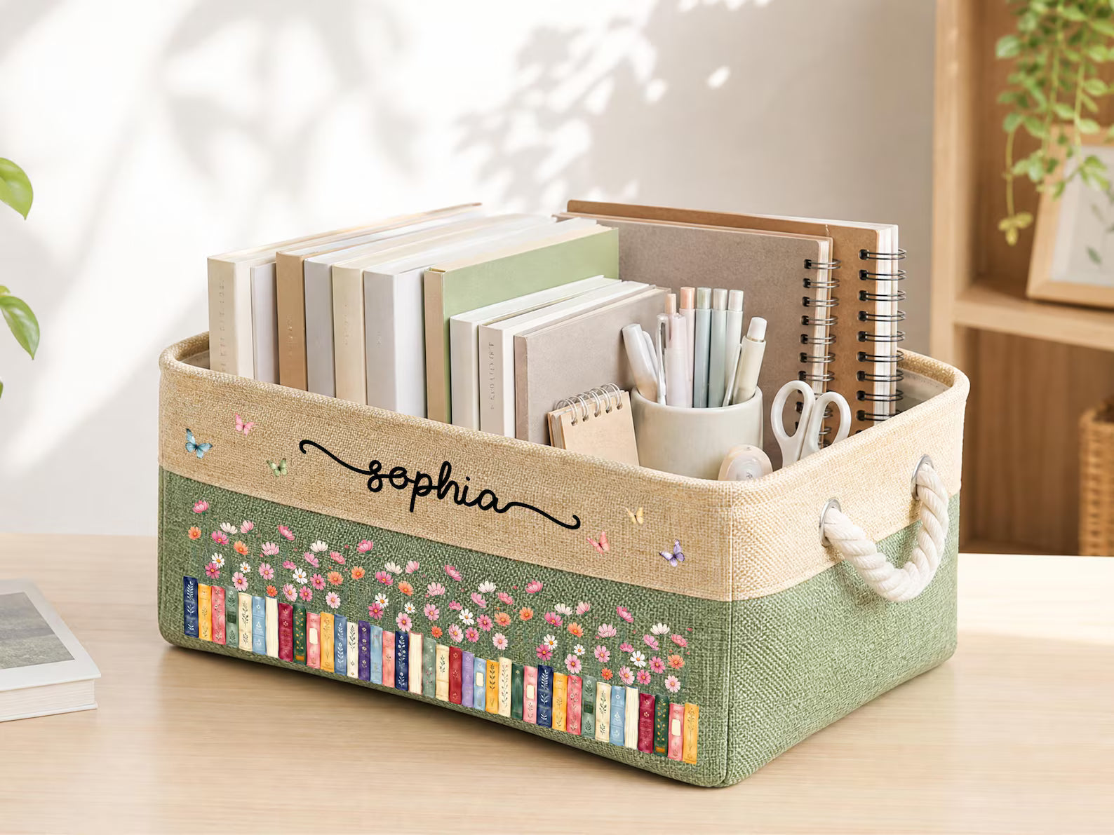 Custom Birth Flower & Name Book Basket For Her, Wife, Daughter, Sister, Coworker, Personalized Storage Basket, Book Lover Gift. BBPETAL2